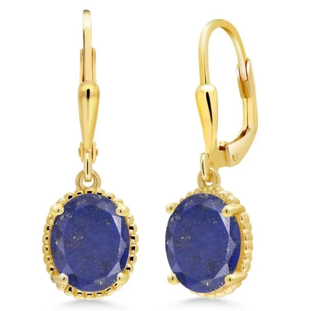 18K Yellow Gold 925 with 4.00 Cttw Lapis Lazuli Oval Leverback Hook Earrings
